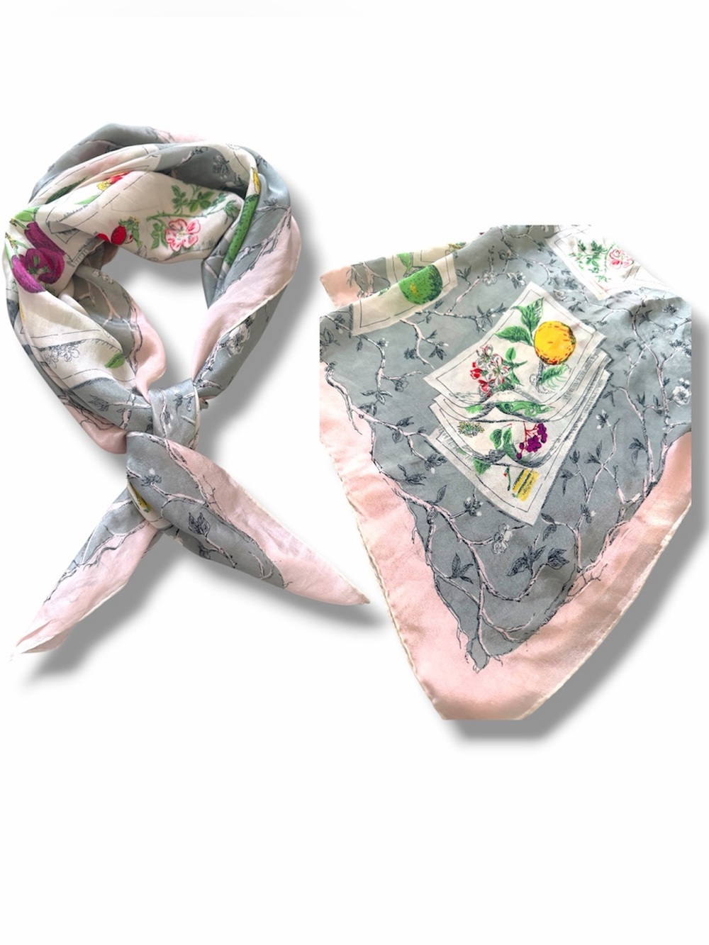 Longchamp silk scarf, “Laurel In The Vegetable Garden" Floral Twill Scarf